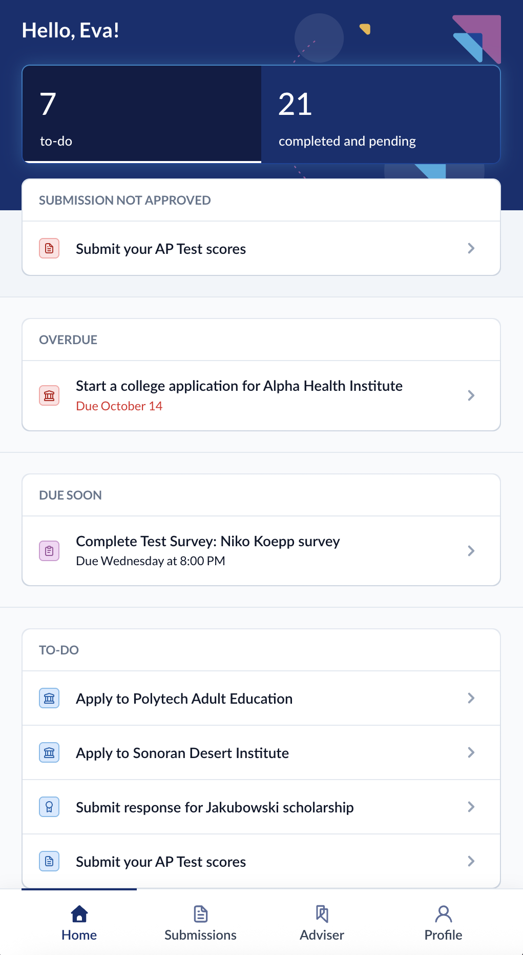Student home screen grouping tasks into not approved, overdue, due soon, and to-do